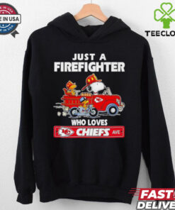 The **Official Snoopy and Woodstock Driver Just a Firefighter Who Loves Kansas City Chiefs Shirt** combines whimsical charm with team pride. Featuring Snoopy and Woodstock alongside a firefighter theme, this shirt is perfect for Chiefs fans who serve as first responders or simply love the team and the iconic Peanuts characters!