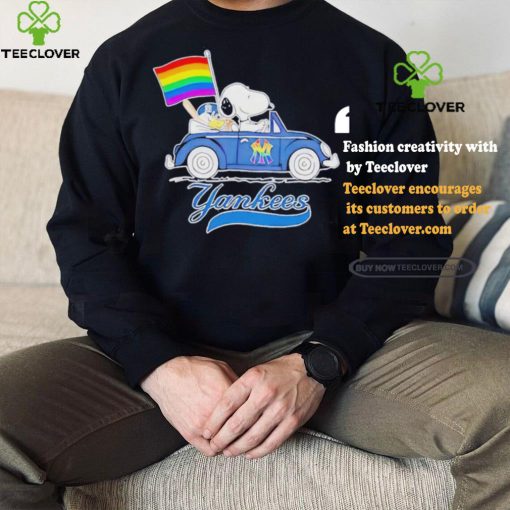 Official Snoopy and Woodstock Driving Car New York Yankees Pride Flag T Shirt
