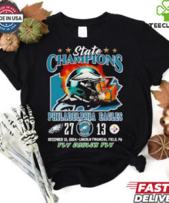 The **Official State Champions Philadelphia Eagles Defeat Steelers Score Shirt** commemorates the Eagles' victory over the Steelers with the final score displayed. A perfect way for fans to celebrate this triumph and show their pride for the Philadelphia Eagles' dominant performance!