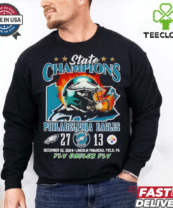 The **Official State Champions Philadelphia Eagles Defeat Steelers Score Shirt** commemorates the Eagles' victory over the Steelers with the final score displayed. A perfect way for fans to celebrate this triumph and show their pride for the Philadelphia Eagles' dominant performance!