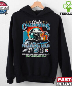 The **Official State Champions Philadelphia Eagles Defeat Steelers Score Shirt** commemorates the Eagles' victory over the Steelers with the final score displayed. A perfect way for fans to celebrate this triumph and show their pride for the Philadelphia Eagles' dominant performance!