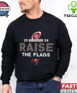Official Tampa Bay Buccaneers vs. New Orleans Saints Raise the Flags 2024 NFL Playoffs T-Shirt with a bold and spirited design, perfect for Bucs fans cheering their team in the playoffs.