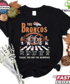 Official The Denver Broncos 1959-2025 Signature Thank You For The Memories T-Shirts with a commemorative design featuring player signatures, perfect for Broncos fans celebrating the team's history.