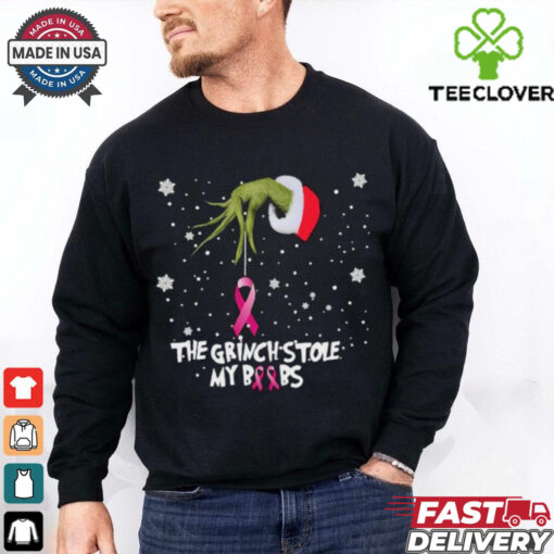 Official The Grinch Hand holding Breast Cancer the Grinch stole my boobs Merry Christmas 2024 Gift shirt