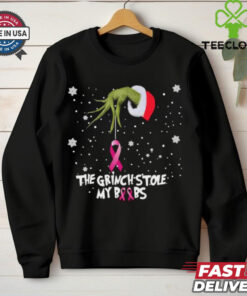 Official The Grinch Hand holding Breast Cancer the Grinch stole my boobs Merry Christmas 2024 Gift shirt