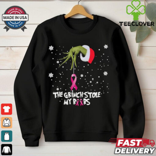 Official The Grinch Hand holding Breast Cancer the Grinch stole my boobs Merry Christmas 2024 Gift shirt