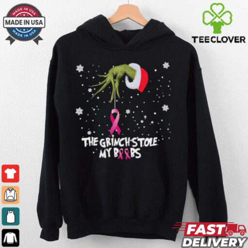 Official The Grinch Hand holding Breast Cancer the Grinch stole my boobs Merry Christmas 2024 Gift shirt