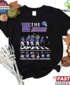 Official The New York Giants 100 Years Signature Thank You For The Memories T-Shirts with a commemorative design featuring player signatures, perfect for Giants fans celebrating a century of team history.