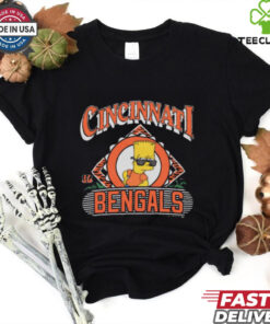 Official The Simpsons Bart x Cincinnati Bengals NFL T-shirt featuring a creative design that combines Bart Simpson with the Cincinnati Bengals, blending the iconic cartoon character with team spirit.