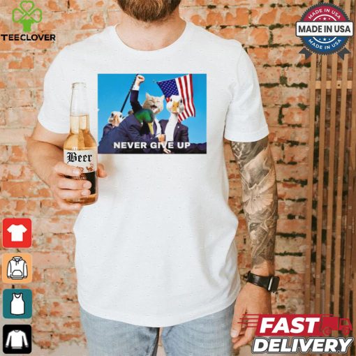 Official Trump Never Give Up Cat and Duck USA Flag t shirt