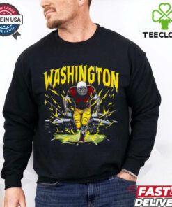 The **Official Washington Commanders Skeleton Football Player T-Shirt** features a bold, edgy design with a skeleton football player representing the Commanders. Perfect for fans who want to showcase their team spirit in a unique and fun way, this shirt combines football with a touch of Halloween-style flair!