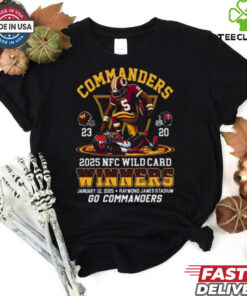 Official Washington Commanders Wild Card 2025 Winners For Fans T-shirt featuring a bold design that celebrates the Commanders' victory in the 2025 Wild Card. Show your excitement and support for the team’s playoff success with this fan-focused, commemorative apparel.