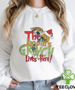 Official grinch Hat Santa The Jacksonville Jaguars Lives Here Christmas Shirt