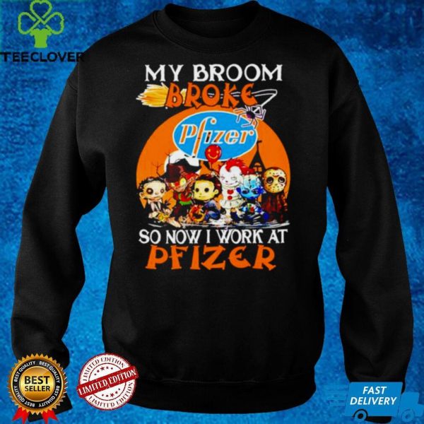 Official horror Halloween chibi my broom broke so now I work at Pfizer hoodie, sweater, longsleeve, shirt v-neck, t-shirt