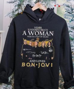 Official never Underestimate A Woman Who Is A Fan Of Music And Loves Bon Jovi T Shirt