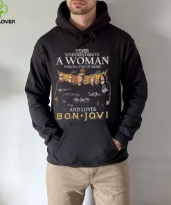 Official never Underestimate A Woman Who Is A Fan Of Music And Loves Bon Jovi T Shirt
