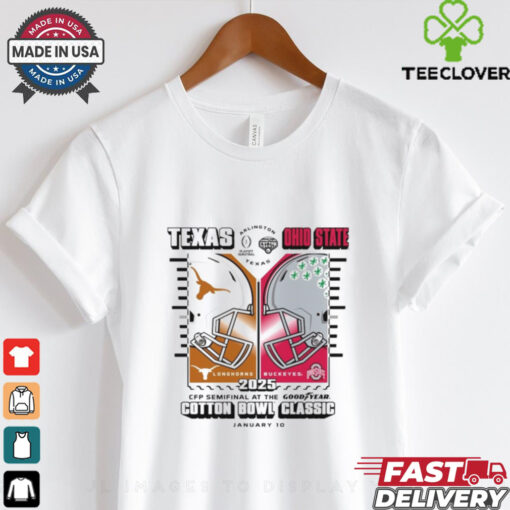 Official texas Longhorns Vs Ohio State Buckeyes Helmet 2025 CFP Semifinal At The Goodyear Cotton Bowl Dueling Jan 10 t shirt