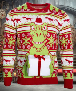T Rex Santa Hat 3D Flappy Present Ugly Christmas Sweater