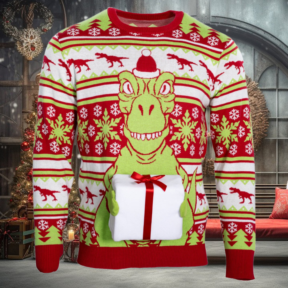 T Rex Santa Hat 3D Flappy Present Ugly Christmas Sweater T Rex Santa Hat 3D Flappy Present Ugly Christmas Sweater