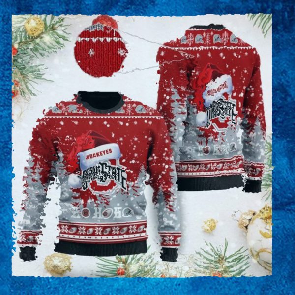 Ohio State Buckeyes NCAA Symbol Wearing Santa Claus Hat Cute Pattern Ho Ho Ho Custom Personalized Ugly Christmas Sweater Woo