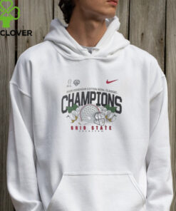The **Ohio State Buckeyes Nike Cotton Bowl Champions T-Shirt** celebrates the Buckeyes' victory in the Cotton Bowl. Made by Nike, this shirt features a bold design commemorating Ohio State's triumph, making it a perfect addition to any fan's wardrobe to show off their pride in the team's success.