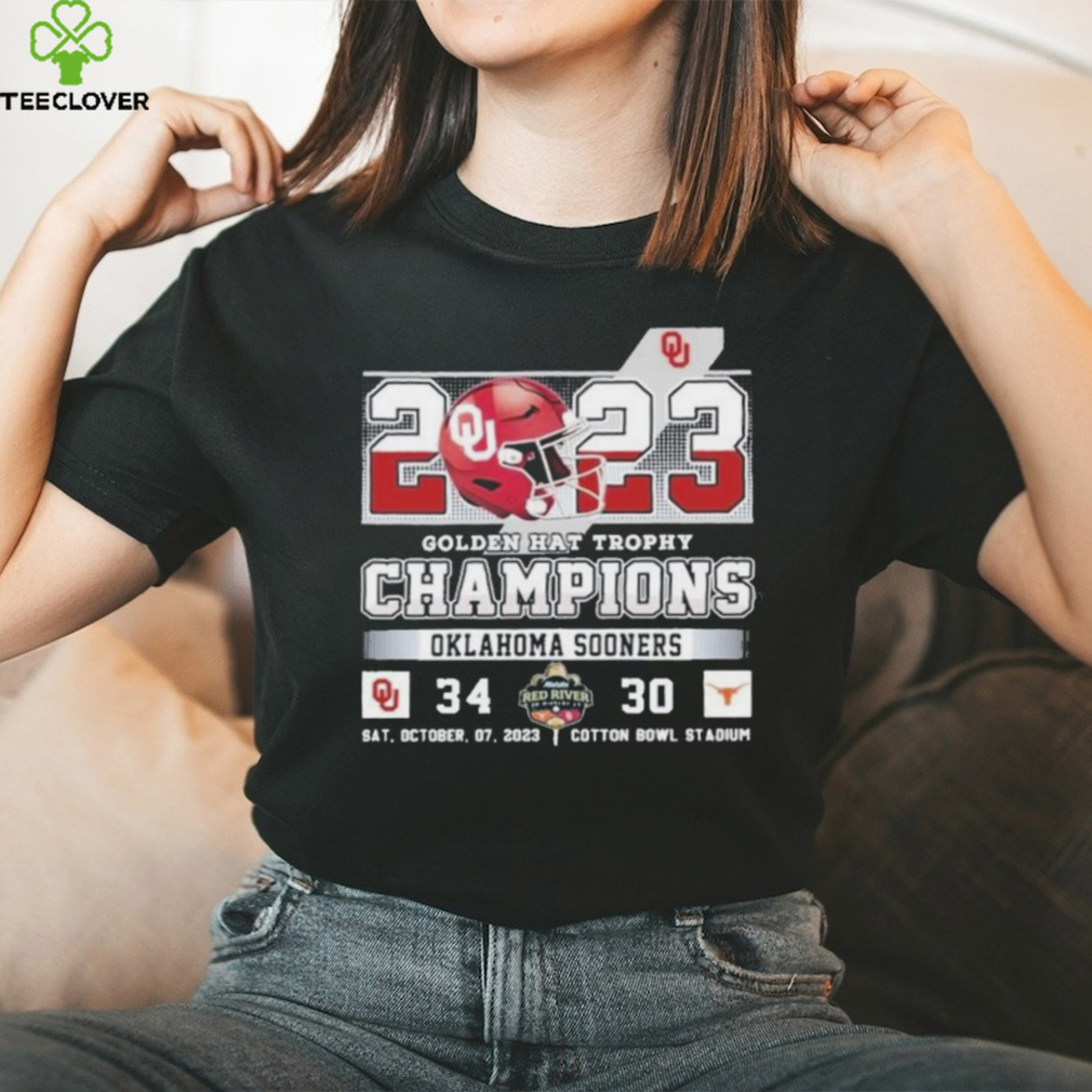 Oklahoma Sooners 34 Texas Longhorns 30 2023 Golden Hat Trophy Champions Sat, October, 07, 2023 Cotton Bowl Stadium Shirt Oklahoma Sooners 34 Texas Longhorns 30 2023 Golden Hat Trophy Champions Sat, October, 07, 2023 Cotton Bowl Stadium Shirt