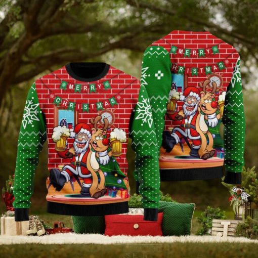 Oktoberfest Funny Santa Drink Beer With Reindeer  Ugly Sweater