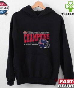 Ole Miss Rebels 2025 TaxSlayer Gator Bowl Champions T-shirt, vintage style with helmet design, unisex fit, Ole Miss football fan gear, Gator Bowl championship shirt.