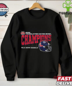 Ole Miss Rebels 2025 TaxSlayer Gator Bowl Champions T-shirt, vintage style with helmet design, unisex fit, Ole Miss football fan gear, Gator Bowl championship shirt.