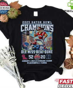 Ole Miss Rebels Beat Duke Gator Bowl Champions 2025 Fan Favorite T-Shirt with bold graphic design, celebrating the victory. Perfect for Rebels fans.