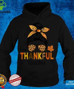 One Thankful Teacher Thanksgiving Women Messy Bun Leopard Shirt Sweater