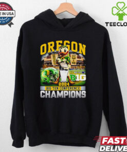 Oregon 2024 Big Ten Conference Champions T-shirt, featuring score and mascot design, unisex fit, Oregon football fan gear, Big Ten Conference championship shirt.