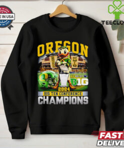Oregon 2024 Big Ten Conference Champions T-shirt, featuring score and mascot design, unisex fit, Oregon football fan gear, Big Ten Conference championship shirt.