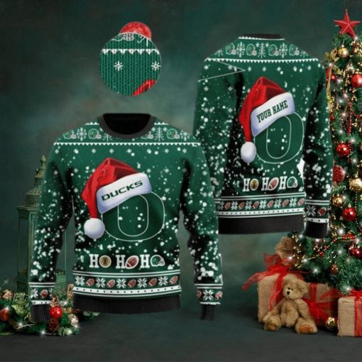 Oregon Ducks NCAA Santa Claus Hat Ho Ho Ho 3D Custom Name Ugly Christmas Sweater