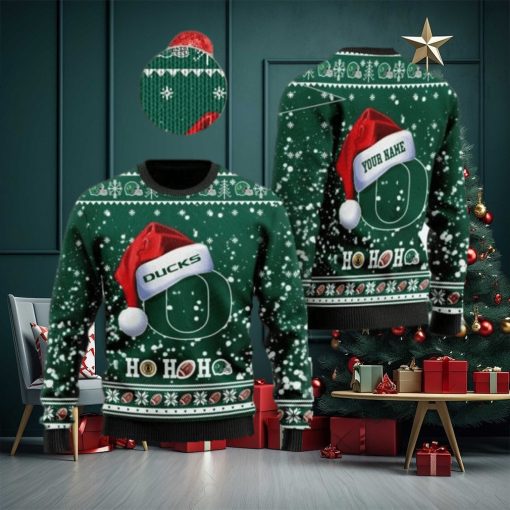 Oregon Ducks NCAA Santa Claus Hat Ho Ho Ho 3D Custom Name Ugly Christmas Sweater