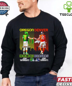Oregon Ducks on Saturdays and Denver Broncos on Sundays City Skyline Shirt featuring a dynamic design combining Oregon Ducks football on Saturdays and Denver Broncos football on Sundays, set against a city skyline backdrop.