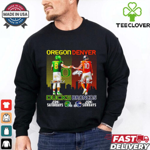 Oregon Ducks on saturdays and Denver Broncos on sunday city skyline shirt