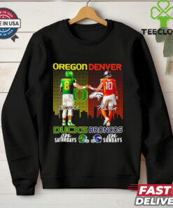 Oregon Ducks on Saturdays and Denver Broncos on Sundays City Skyline Shirt featuring a dynamic design combining Oregon Ducks football on Saturdays and Denver Broncos football on Sundays, set against a city skyline backdrop.