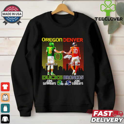 Oregon Ducks on saturdays and Denver Broncos on sunday city skyline shirt