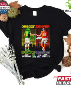 Oregon Ducks on Saturdays and Denver Broncos on Sundays City Skyline Shirt featuring a dynamic design combining Oregon Ducks football on Saturdays and Denver Broncos football on Sundays, set against a city skyline backdrop.