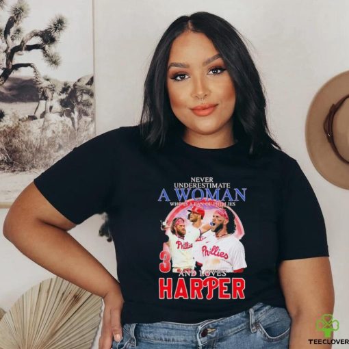 Original Never Underestimate A Woman Who Is A Fan Of Phillies And Loves Harper Shirt