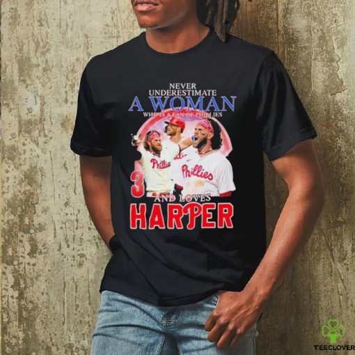 Original Never Underestimate A Woman Who Is A Fan Of Phillies And Loves Harper Shirt