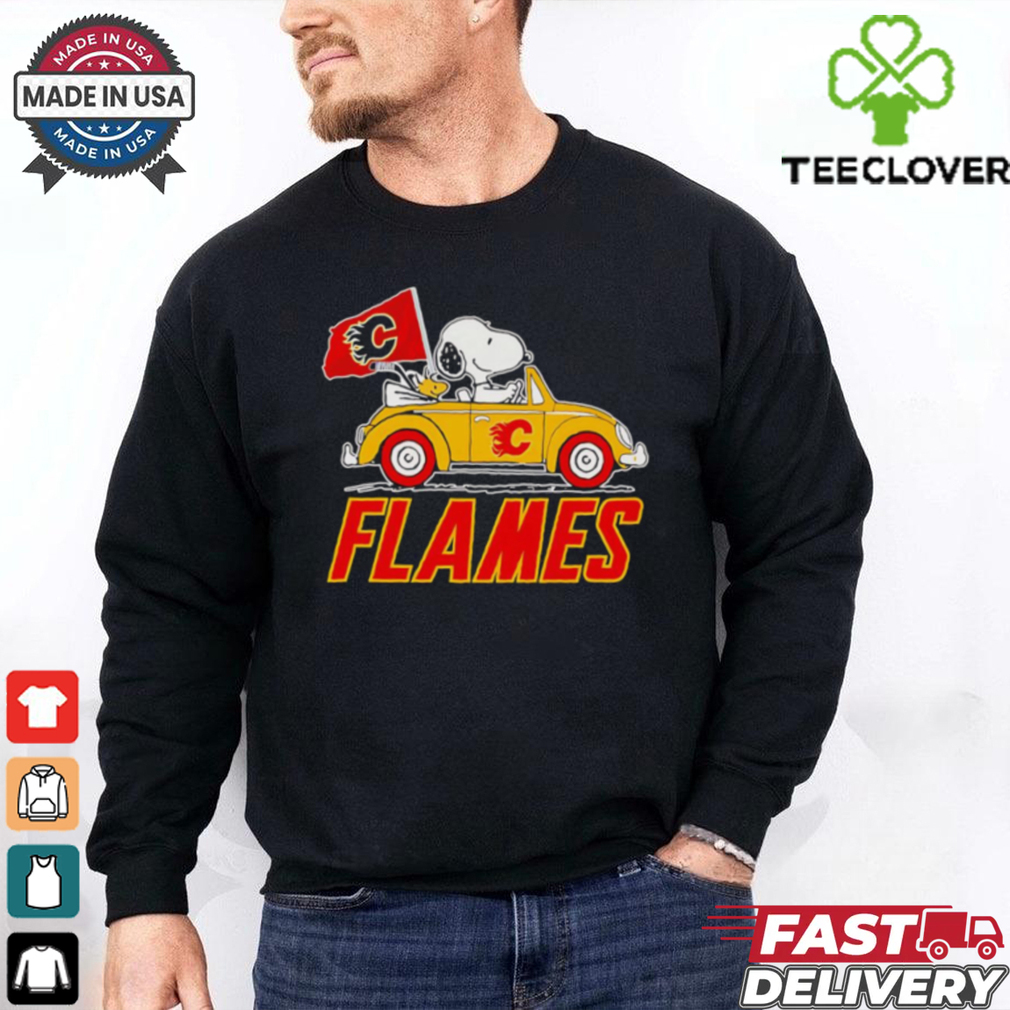 Original Snoopy and Woodstock driving Calgary Flames car shirt Original Snoopy and Woodstock driving Calgary Flames car shirt