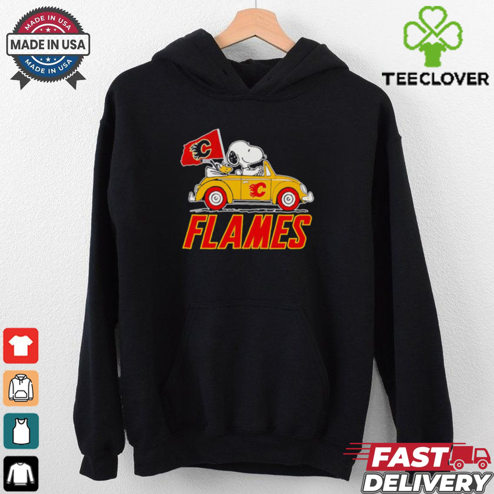 Original Snoopy and Woodstock driving Calgary Flames car shirt Original Snoopy and Woodstock driving Calgary Flames car shirt
