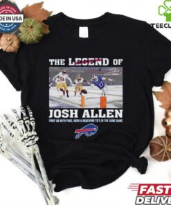 Original The Legend Of Josh Allen First QB With Pass Rush And Receiving Signature Shirt featuring a unique design highlighting Josh Allen's versatile skills with his signature.