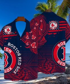 Ornate Boston Red Sox Tribal Hawaiian Shirt In Red And Blue