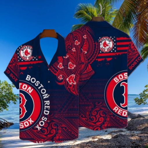 Ornate Boston Red Sox Tribal Hawaiian Shirt In Red And Blue