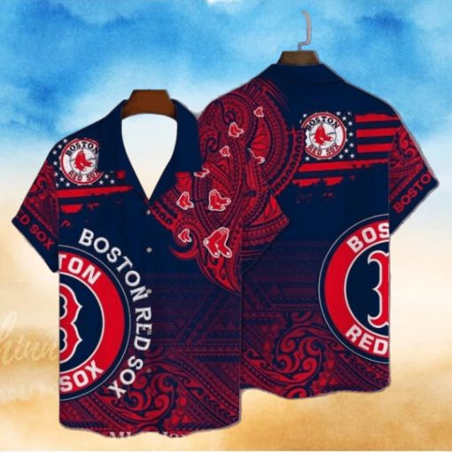 Ornate Boston Red Sox Tribal Hawaiian Shirt In Red And Blue