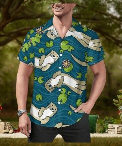 Otter Water Lily Men's Casual Button Down Shirts Hawaiian Cuban T Shirt Blouse Tops