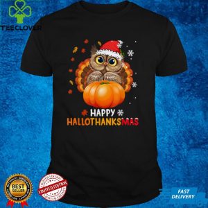 Owl Halloween And Merry Christmas Happy Hallothanksmas T Shirt